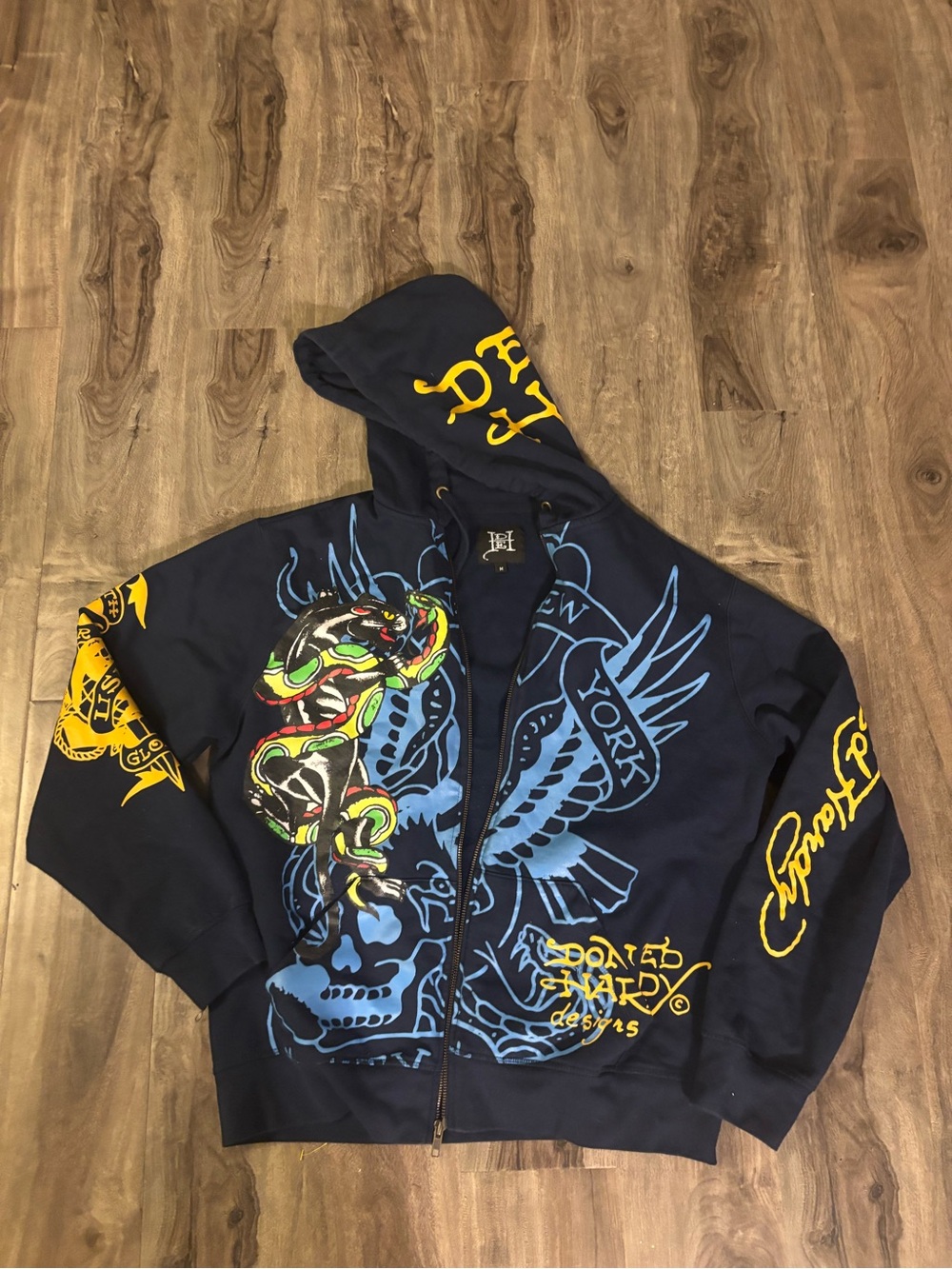 Ed Hardy Navy Hoodie with Yellow Accents and Multicolor Snake Graphic